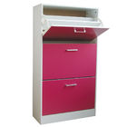 Rose Red Wooden Home Kabinet Sepatu 3 Tier Flip Drawers With PVC Handle